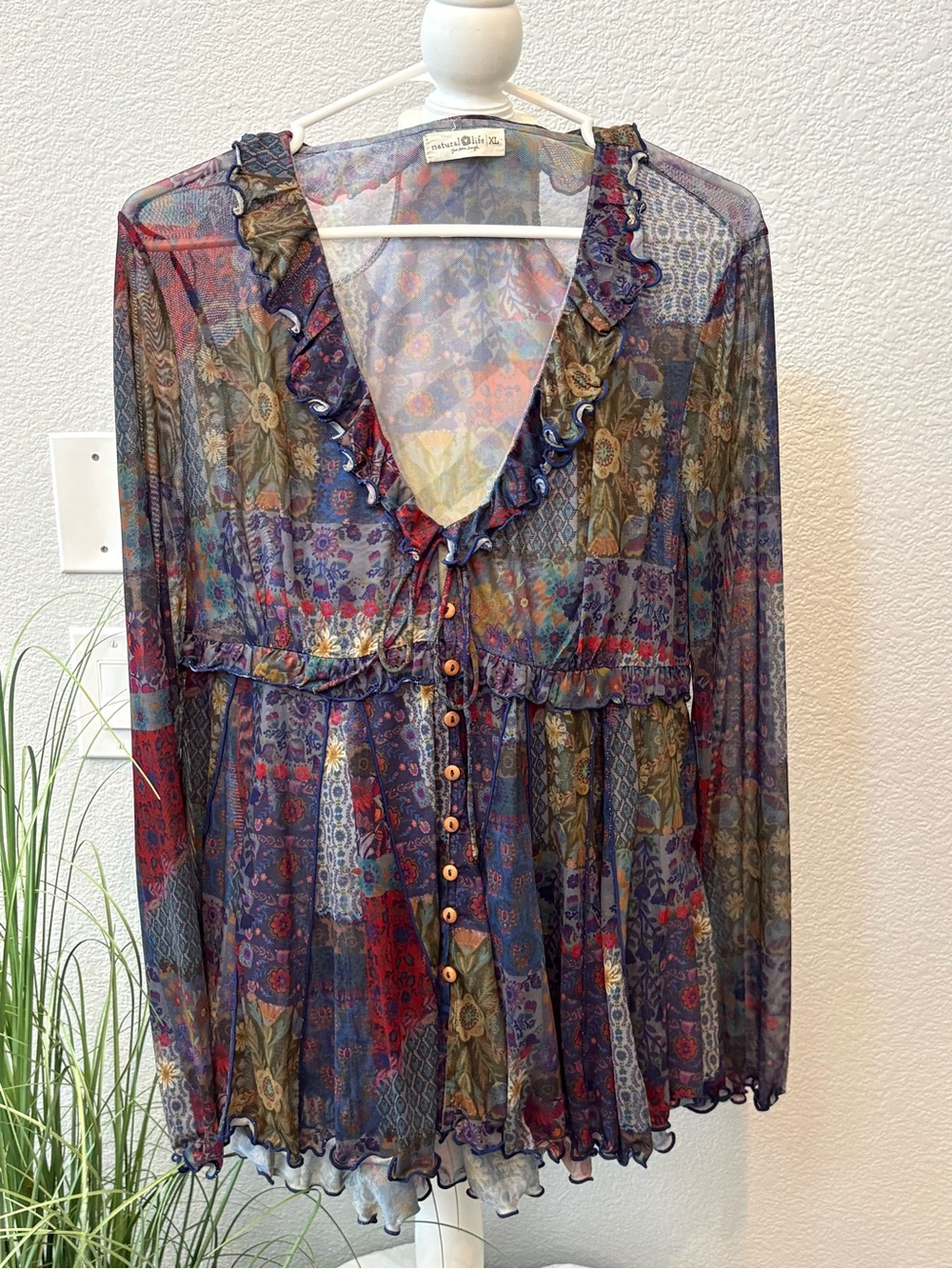 NATURAL LIFE Sheer Ruffle Button-Front Blouse - Multi Blue/Green/Red